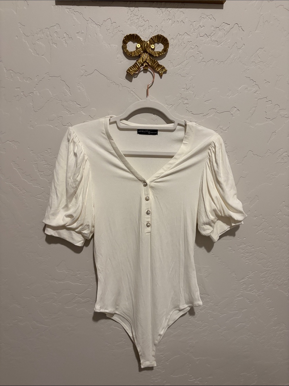 Cream Puff-Sleeve Henley Bodysuit with Button Placket